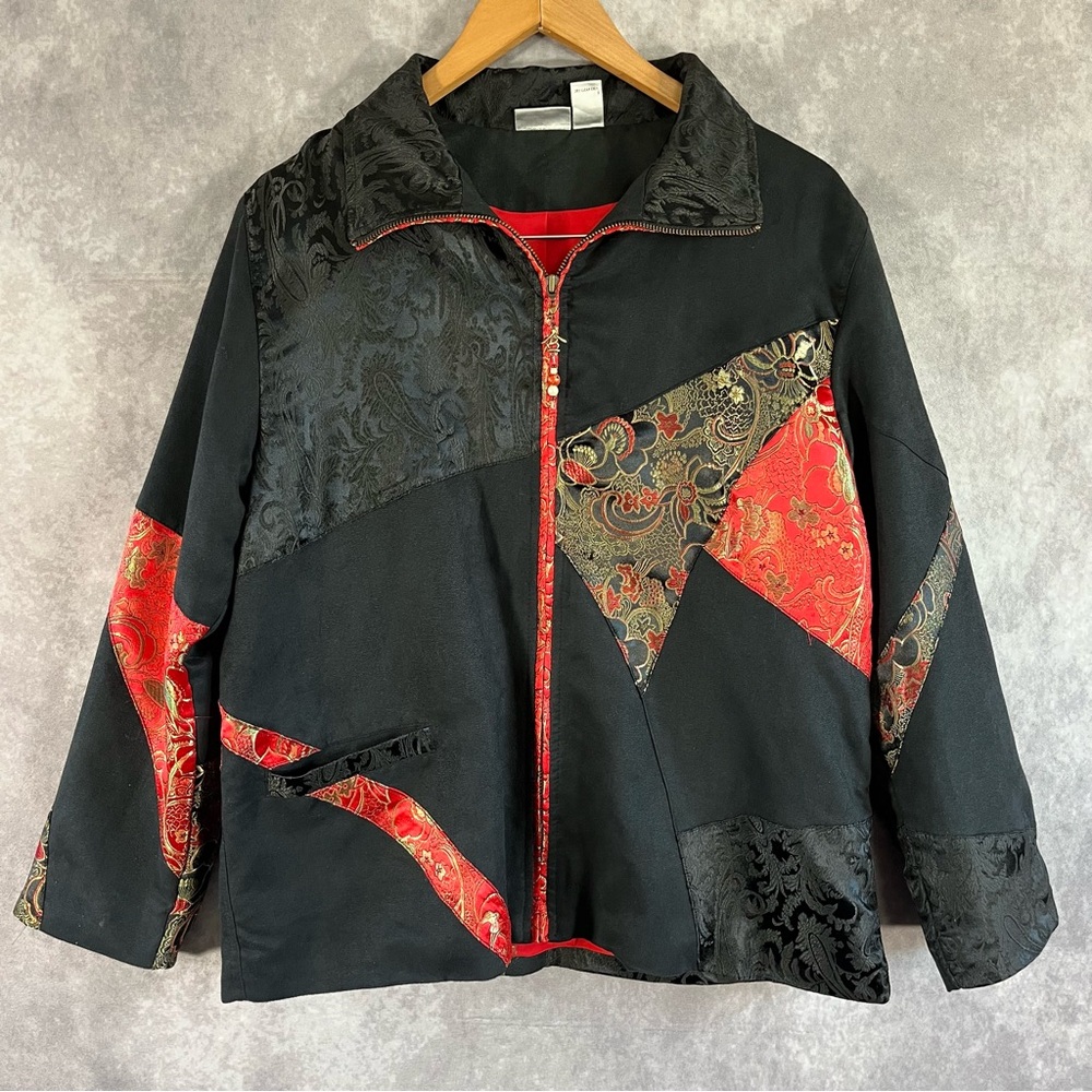 Chico's Jacket Women 2 Black Gold Red Paisley Floral Zip Up Coat Pocket Collared